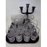 A tray of glass, three way candelabrum, whisky glasses, water jug,