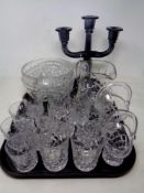 A tray of glass, three way candelabrum, whisky glasses, water jug,