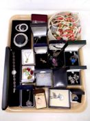 A tray of costume jewellery, wrist watch, Scottish style brooch, dress ring,