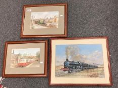 Three pictures depicting trains in watercolour and colour chalks by E. Miller and J Maitland.
