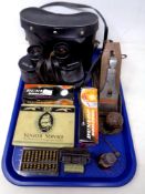 A tray of Stanley hand plane, novelty metal pencil sharpeners, Senior service cigarette tin,