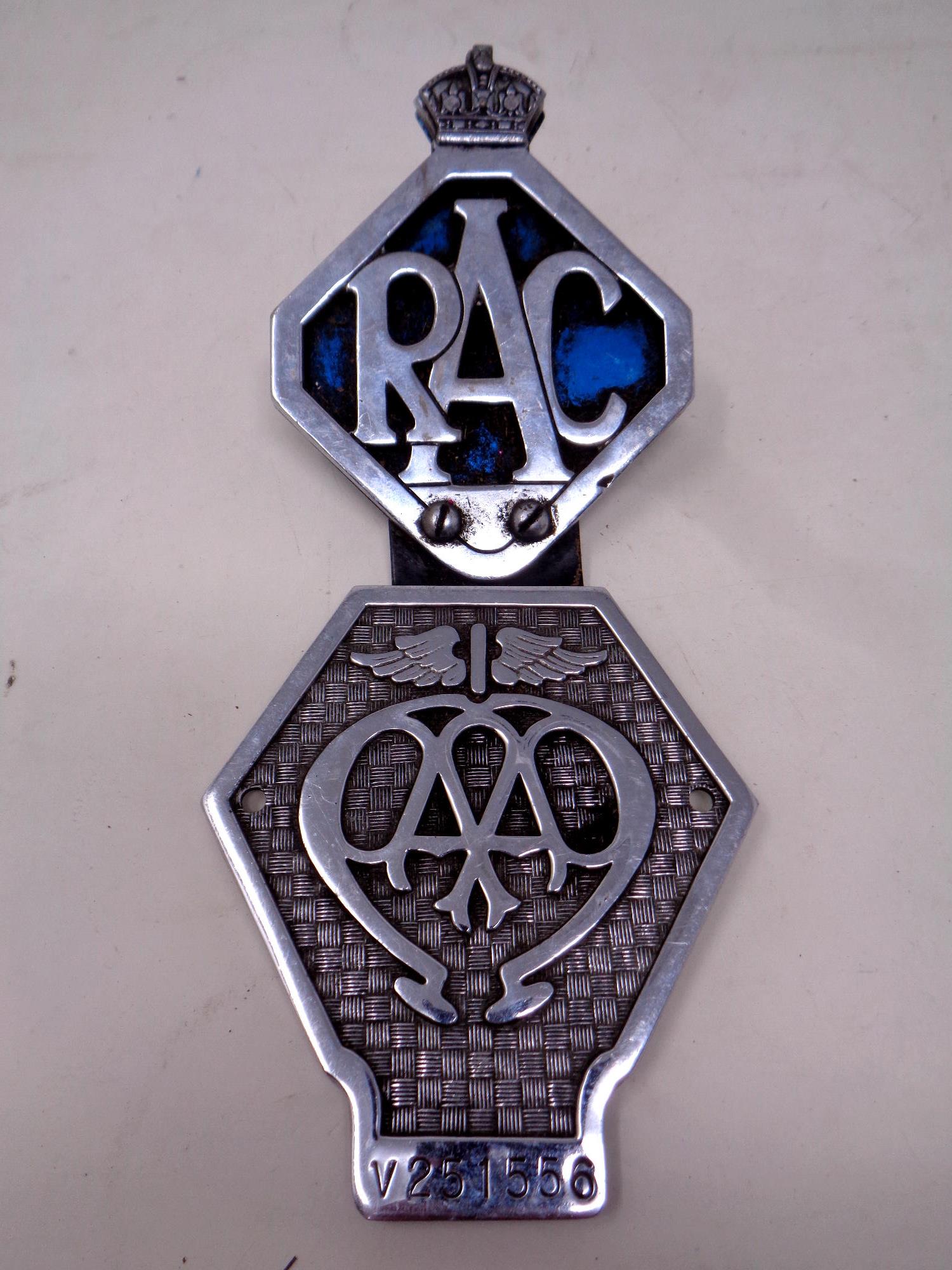 Two vintage car badges, AA and RAC.