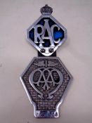 Two vintage car badges, AA and RAC.