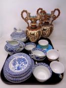 A tray of pair of continental pottery twin handled vases, oriental pattern blue and white tea china,