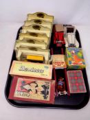 A tray of toys including six Ringtons die cast vehicles, dominoes, chess pieces, playing cards,
