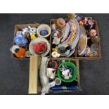 Four boxes of ceramics and glass, Oliver Hardy money box, Ringtons tea ware and caddies,