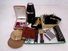 A gent's gold plated Seiko wrist watch, together with a chrome and leather hip flask, travel flask,