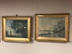 Two colour prints : depicting figures by trees, each 42 cm x 32 cm,