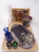 A tray of plated wares, Victorian crystoleum, glass ware,