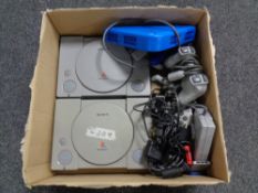 A box of two Sony Playstation 1 consoles,