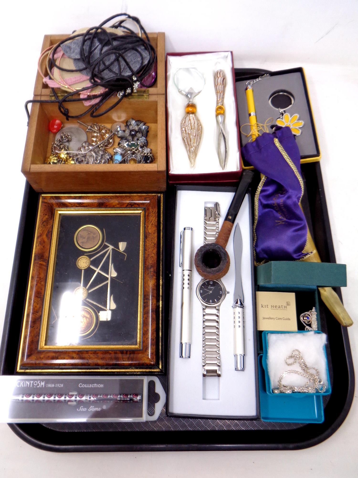 A tray of costume jewellery, Charles Rennie McIntosh design pen, wrist watches, silver necklace,