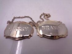 Two silver decanter labels - sherry and brandy