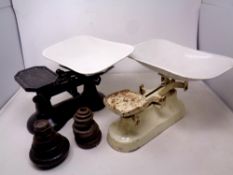 Two sets of antique enamelled kitchen scales and weights