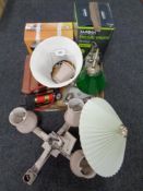 A box of banker's lamp, pressure sprayer, paper shredder, foot pump, ceiling light etc,