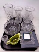 A tray of 20th century cut glass vases, Waterford Crystal photo frame in box,
