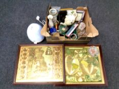 A box of dressing table brushes, hand mirrors, antique tea cup and saucer, Oriental style vase,