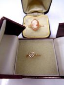 A 9ct gold cameo ring and silver gilt heart shaped ring