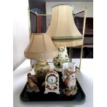 A tray of Masons Mandalay mantel clock, Beatrix Potter ornament, two pottery table lamp,