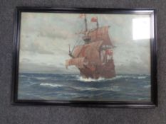 A framed print of a sailing ship in an ebonised frame