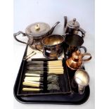 A tray of antique and later metal wares, three piece plated tea service, fish cutlery,