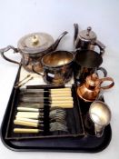 A tray of antique and later metal wares, three piece plated tea service, fish cutlery,