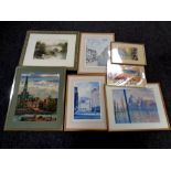 A framed needlework panel together with five further framed prints - Alan Reed signed prints,