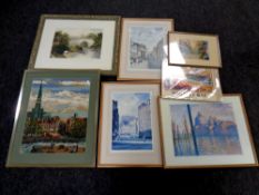 A framed needlework panel together with five further framed prints - Alan Reed signed prints,