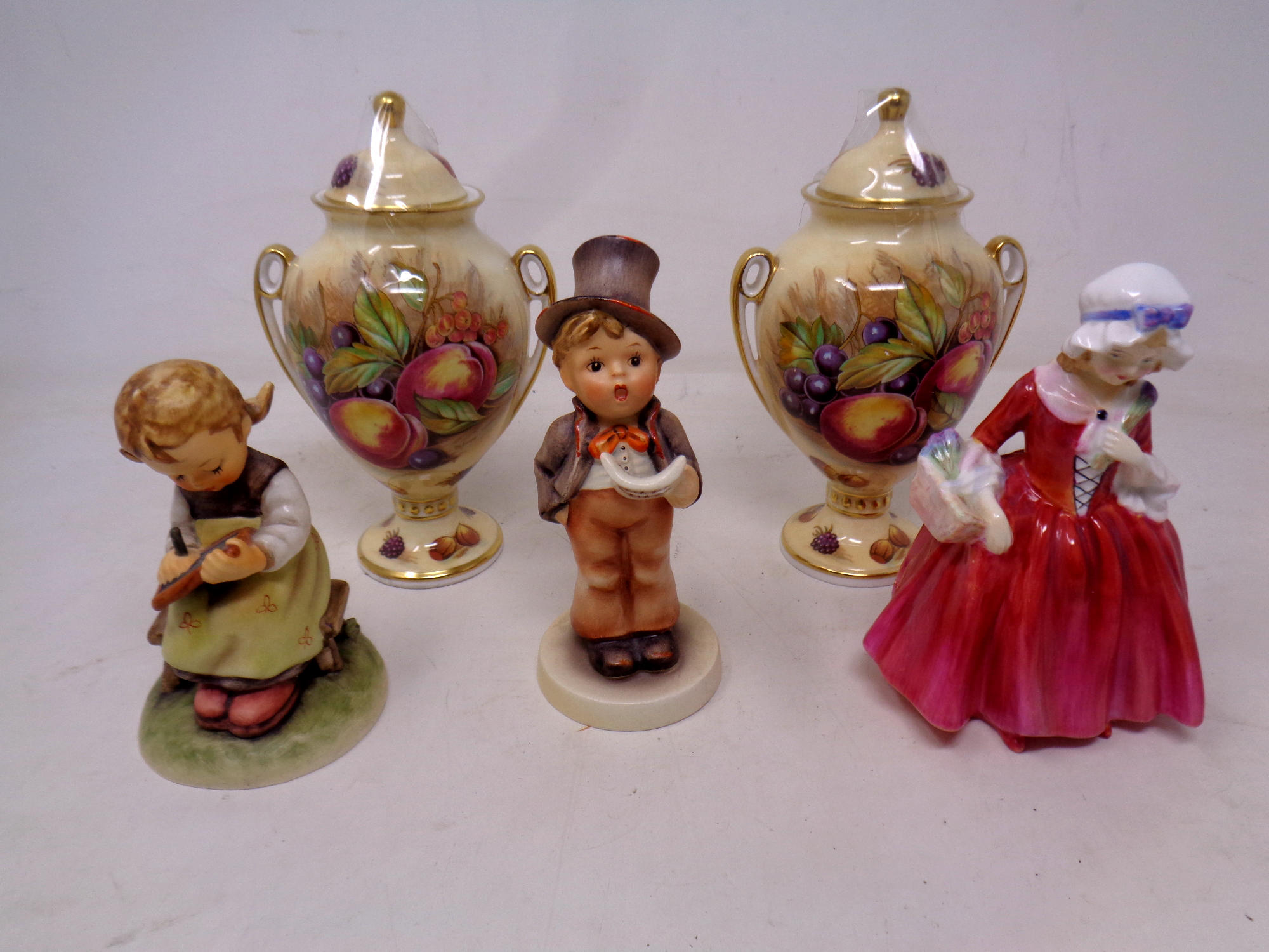 A pair of Aynsley orchard fruit lidded vases together with a Royal Doulton figure 'Lavinia' HN 1955