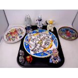 A tray of antique and later circus related ceramics, nodding clown, Villeroy and Bosch Lion,