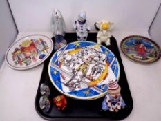 A tray of antique and later circus related ceramics, nodding clown, Villeroy and Bosch Lion,
