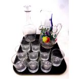 A tray of assorted glass ware - whiskey decanter, nine whiskey glasses,