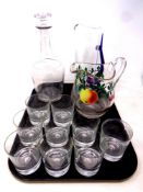 A tray of assorted glass ware - whiskey decanter, nine whiskey glasses,