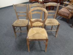 Four miscellaneous rush seated dining chairs