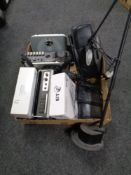 A box of electricals, BT home phone, tablet, Samsung mobile, radio player,