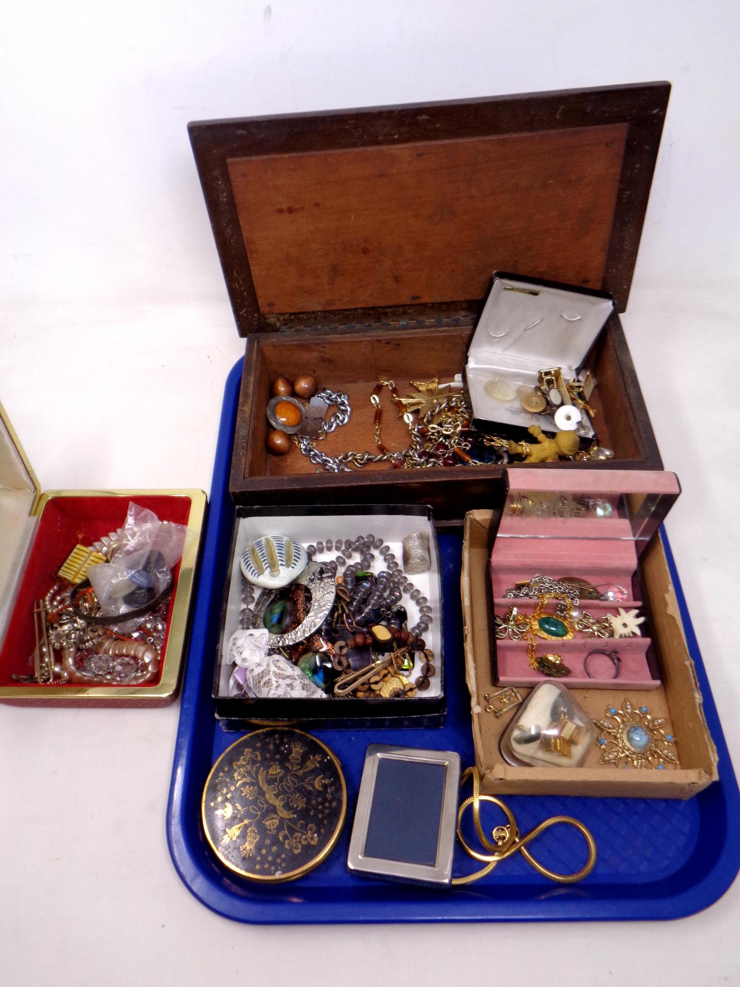 A tray of jewelry boxes containing costume jewelry, small silver photo frame,