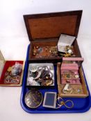 A tray of jewelry boxes containing costume jewelry, small silver photo frame,