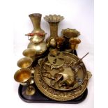 A tray of brass ware, eastern vases, kettle, trivet,