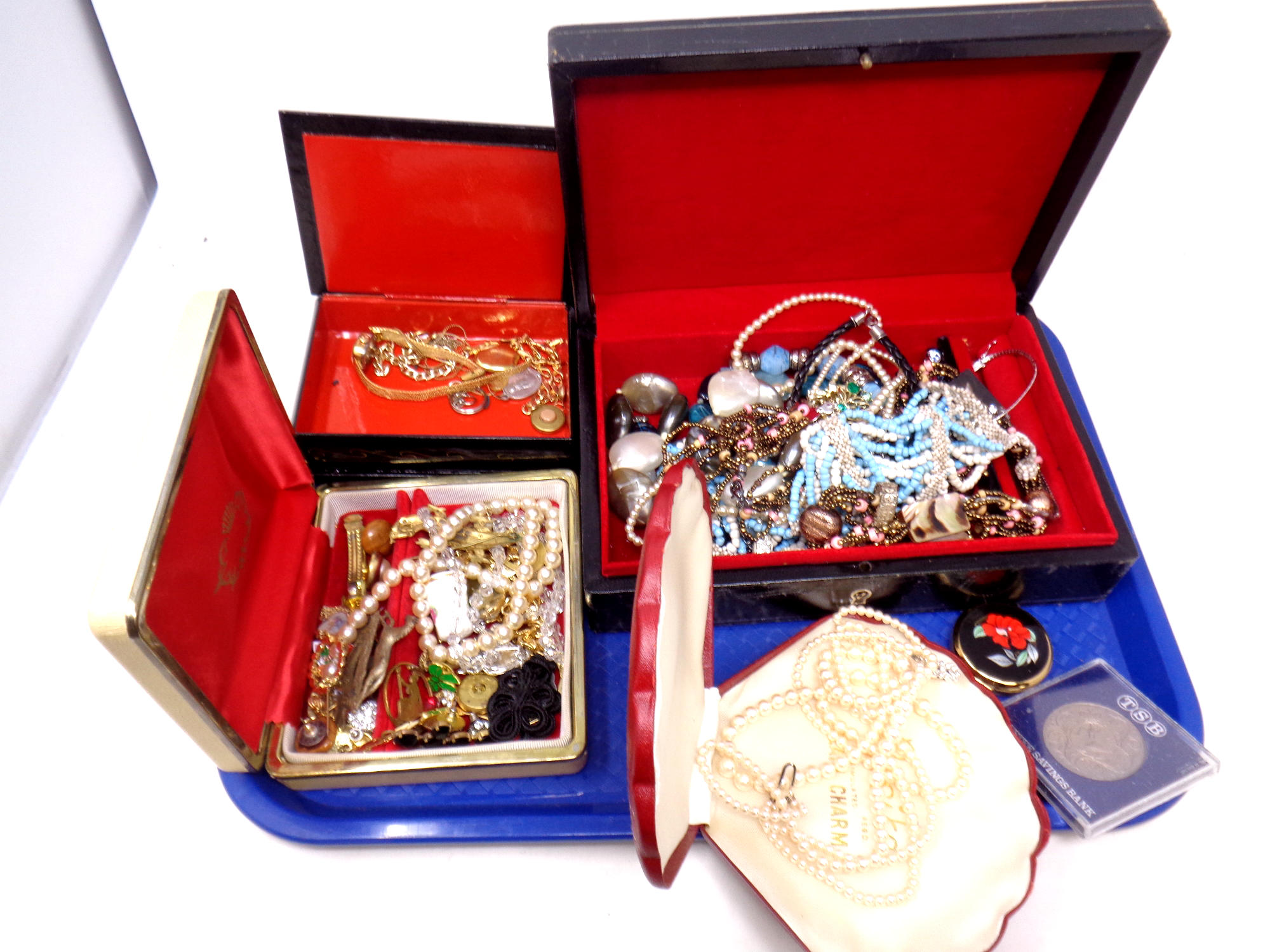 A tray of jewellery boxes containing costume jewellery, Rosita simulated pearls,