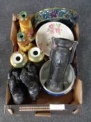 A box of antique ceramics, transfer printed vases, Wedgwood blue and white Jasperware bowl,