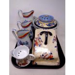 A tray of antique and later ceramics, 19th century crackle glazed cheese dish with cover,