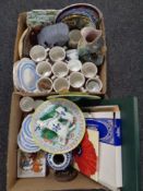 Two boxes of assorted ceramics, tea china, fish jug, majolica style comport and plate,
