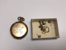 A gold plated full hunter pocket watch and a small quantity of 9ct gold and yellow metal jewellery