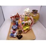 A tray of oriental wares, vases, teapot, trinket box, figures,