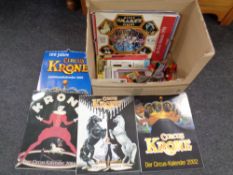A box of late 20th century Krone circus calendars, Billy Smart circus vinyl LP,