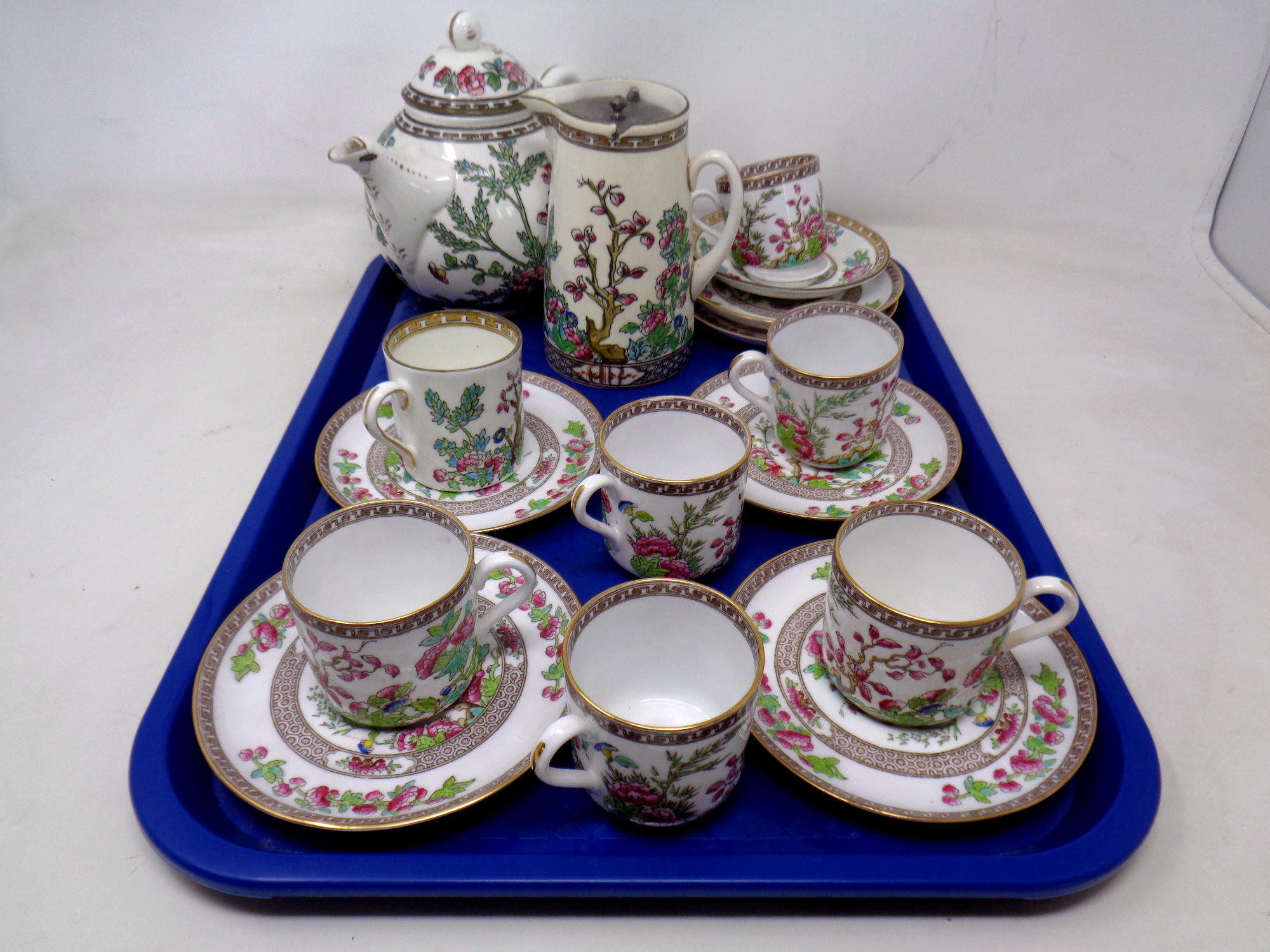 A tray of part Spode floral pattern tea china, Coalport teapot,