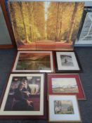 A triptych wall canvas together with five further pictures to include an E J Prior watercolour
