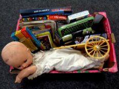 A box of vintage games and puzzles, Mattoy Super Type tin plate typewriter,
