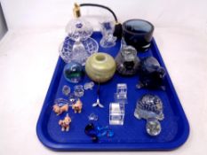 A tray of assorted glass ware, Swarovski and other glass animal ornaments (as found), paperweight,
