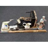 A box of cine camera, storage footstool, hand bag, Italian pottery figure,