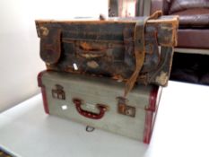 An antique leather luggage case together with a Foxcroft luggage case